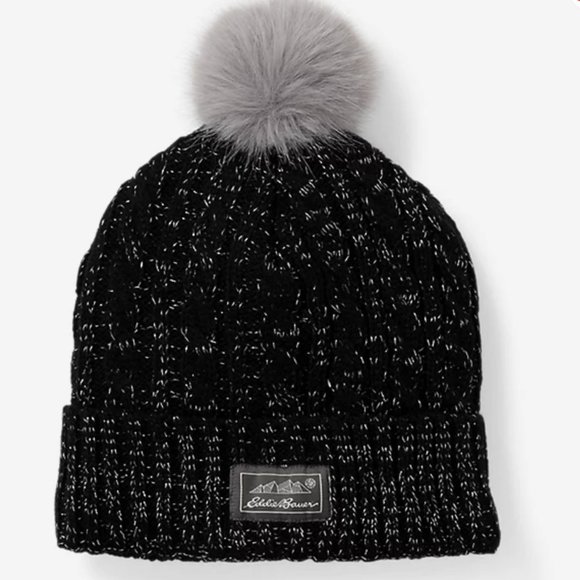 New Eddie Bauer Girls Blush Pom Beanie Hat Medium/Large Onyx - Picture 1 of 3